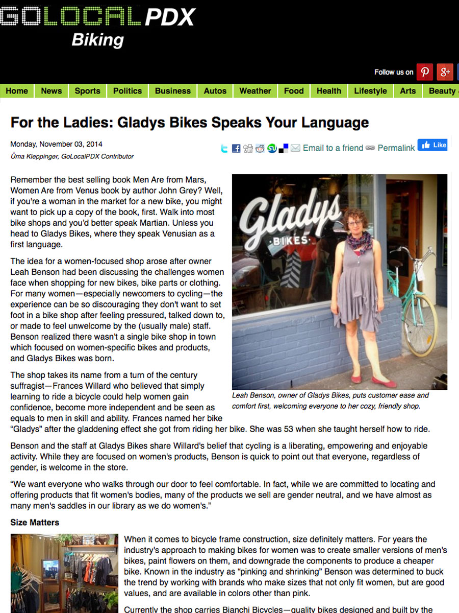 SCREENSHOT OF ARTICLE ABOUT GLADYS BIKES BY UMA KLEPPINGER