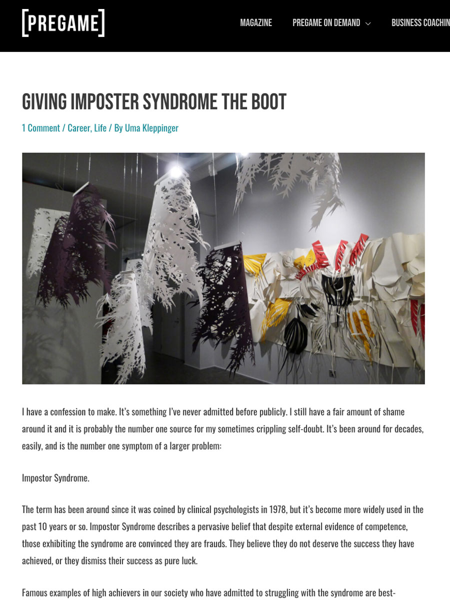 screenshot of pregame magazine article titled giving imposter syndrom the boot by Üma kleppinger
